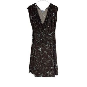 AA Studio AA 18W Brown Green Floral Print Side Ruched Faux Wrap Front Dress